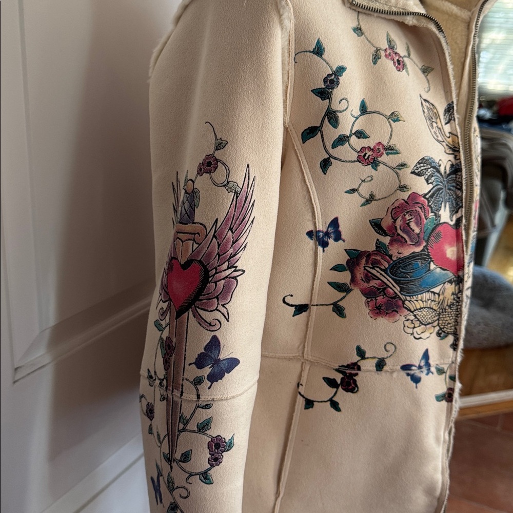 eivissa Cream Faux Fur Suede Painted Graphic Coat Jacket Tattoo design - Picture 5 of 10
